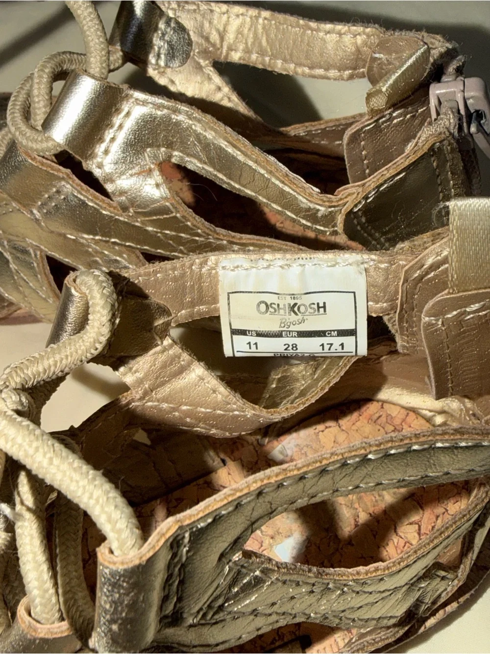Toddler Girls Oshkosh Bgosh Gold Gladiator Lace Up Back Zip Sandals Flat Sz 11